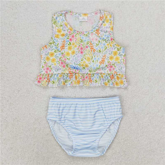 S0414  Baby Girls Small Flowers Ruffle Top Bummie Two Pieces Swimsuits