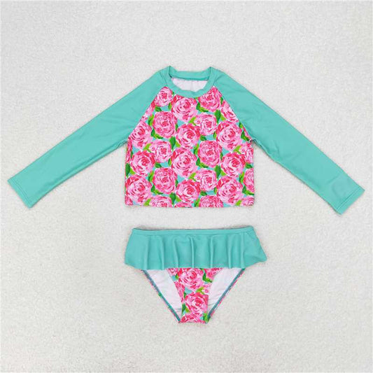 S0260  Baby Girls Rose Flowers Top Bummie Two Pieces Swimsuits