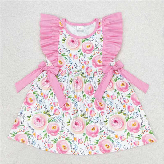 11.12 RTS NO MOQ （In stock）Matching GSD1070 Baby Girls Pink Rose Flowers Ruffle Bows Knee Length Dresses