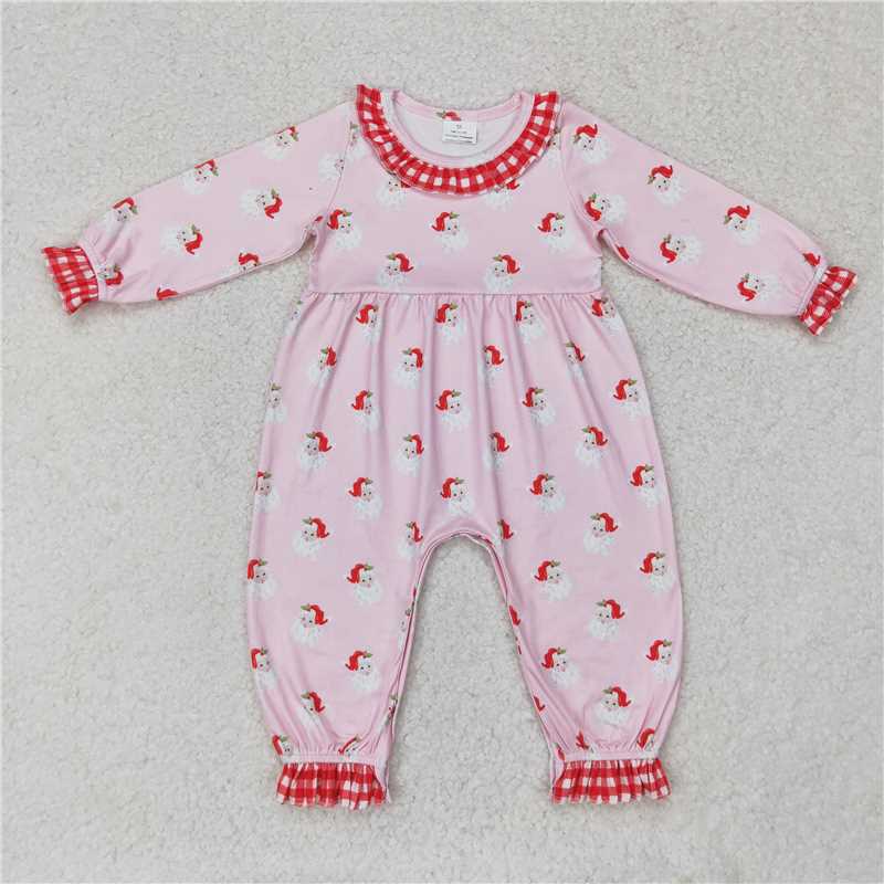 12.2 RTS NO MOQ （In stock）LR1068 Baby Infant Girls Christmas Pink Santa Long Sleeve Rompers