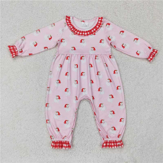12.2 RTS NO MOQ （In stock）LR1068 Baby Infant Girls Christmas Pink Santa Long Sleeve Rompers