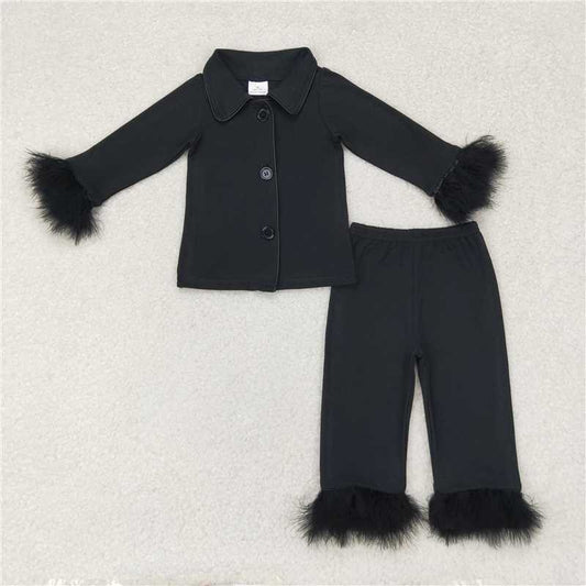 GLP1260Black cotton fur ruffle kids girls button down pajamas