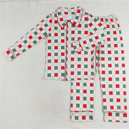 GLP1353  Adult Women Christmas Checkered Buttons Top Pants Pajamas