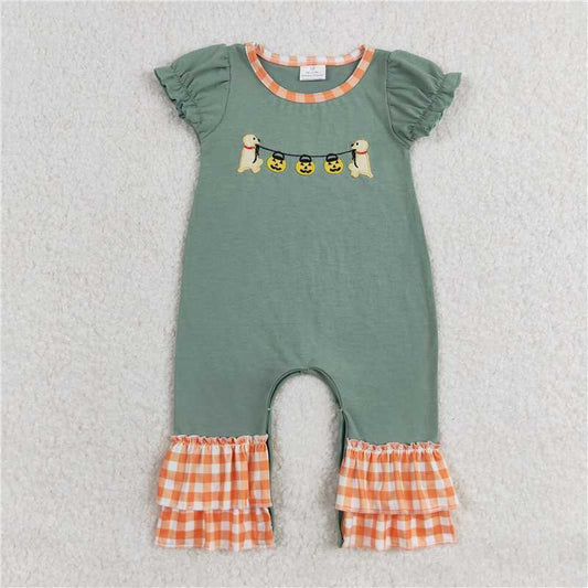 SR1794  Baby Infant Girls Dog Halloween Pumpkins Short Sleeve Rompers