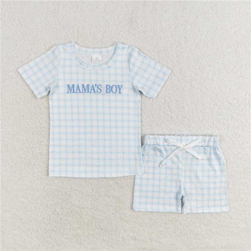 BSSO0912 Baby Boys Mama's Boys Blue Checkered Tee Shirts Tops Shorts Clothes Sets