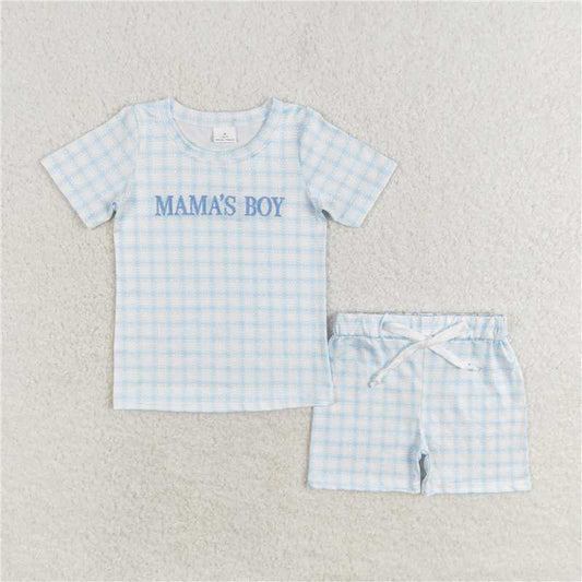 BSSO0912 Baby Boys Mama's Boys Blue Checkered Tee Shirts Tops Shorts Clothes Sets