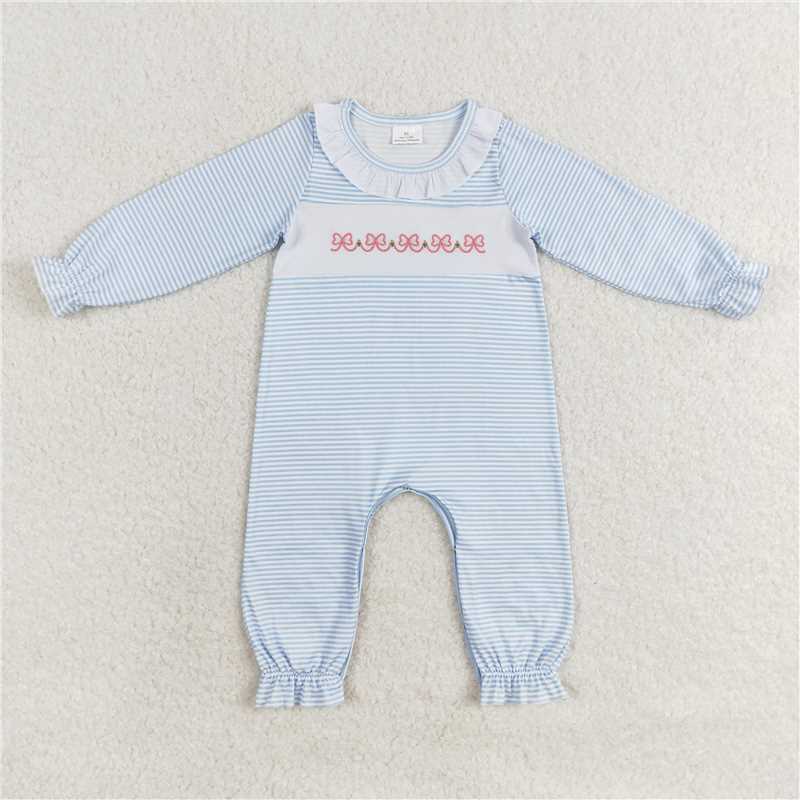 11.22 RTS NO MOQ （In stock）Matching LR0941 Baby Infant Girls Long Sleeve Stripes Bows Rompers