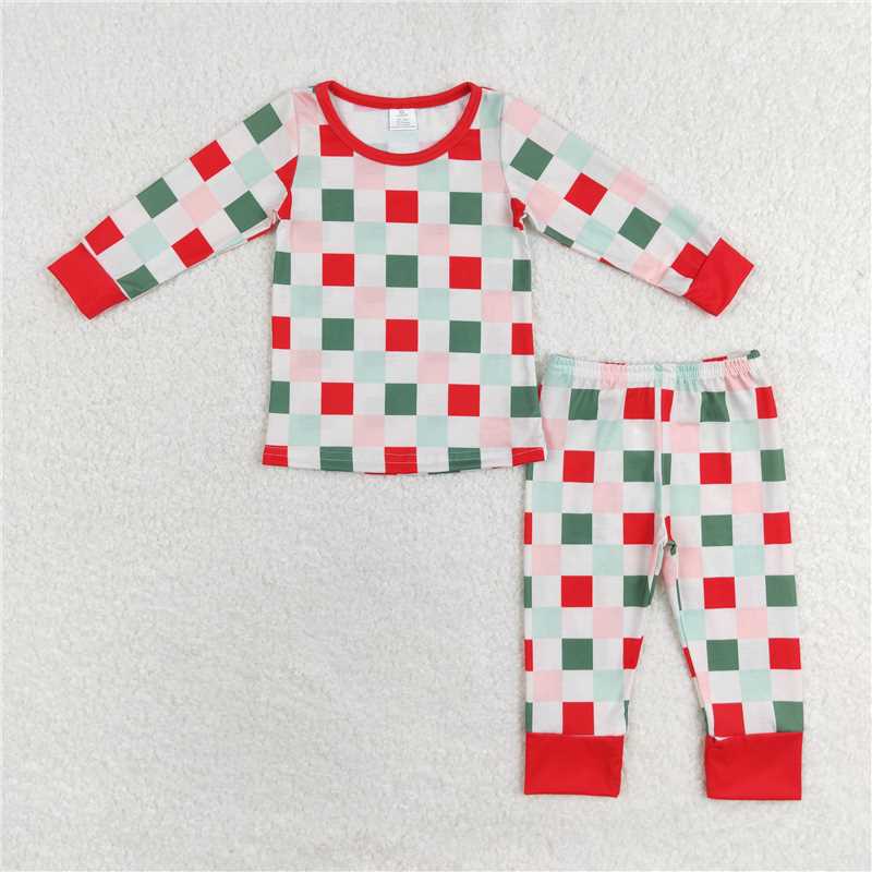 12.9 RTS NO MOQ （In stock）GLP1352 Kids Children Christmas Checkered Top Pants Pajamas Clothes Sets