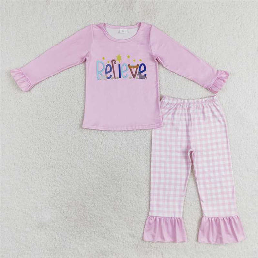 GLP1300Pink believe top plaid pants kids girls Christmas clothes
