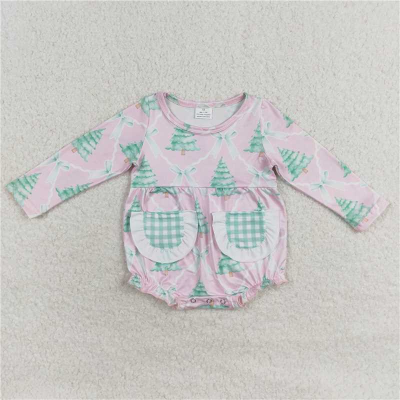 12.2 RTS NO MOQ （In stock）LR1018 Baby Infant Girls Christmas Tree Pink Long Sleeve Rompers