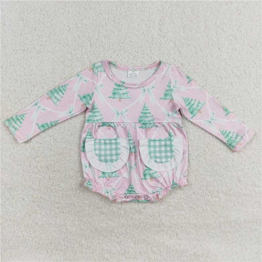 12.2 RTS NO MOQ （In stock）LR1018 Baby Infant Girls Christmas Tree Pink Long Sleeve Rompers