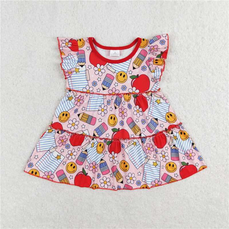 GT0575 Baby Girls Back To School Apples Flowers Flutter Sleeve Tunic Tops