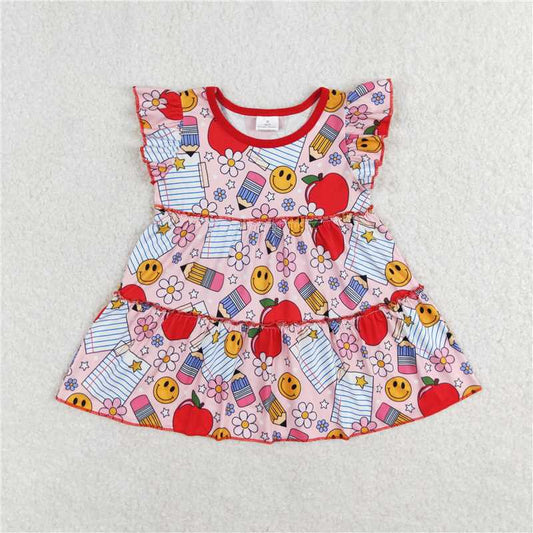 GT0575 Baby Girls Back To School Apples Flowers Flutter Sleeve Tunic Tops