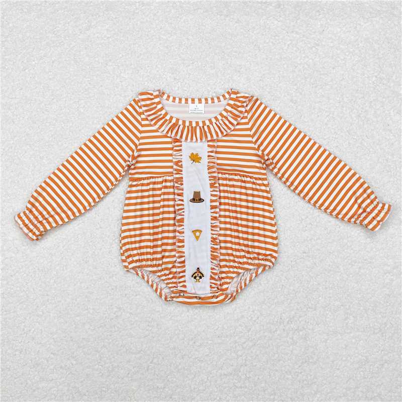LR1300Stripe pumpkin pie turkey baby girls Thanksgiving romper