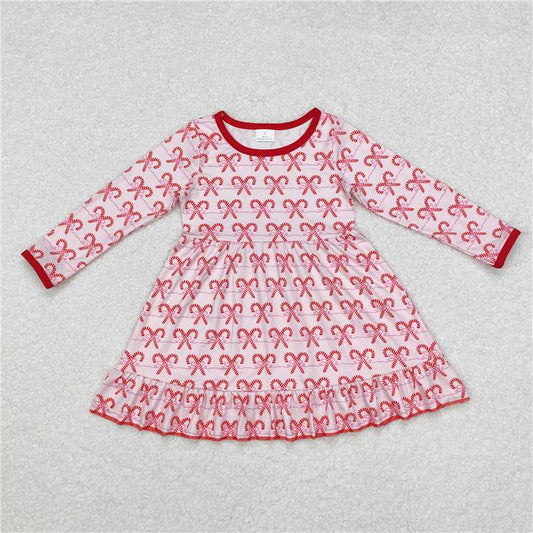 GLD0774  Baby Girls Pink Bows Candy Cane Ruffle Knee Length Dresses