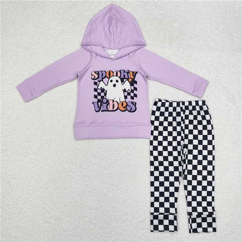 BLP0792 SPOOKY ghost purple long-sleeved top and black and white plaid trousers set