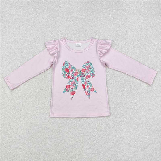 GT0699  Baby Girls Pink Floral Bow Long Sleeve Tee Shirts Tops