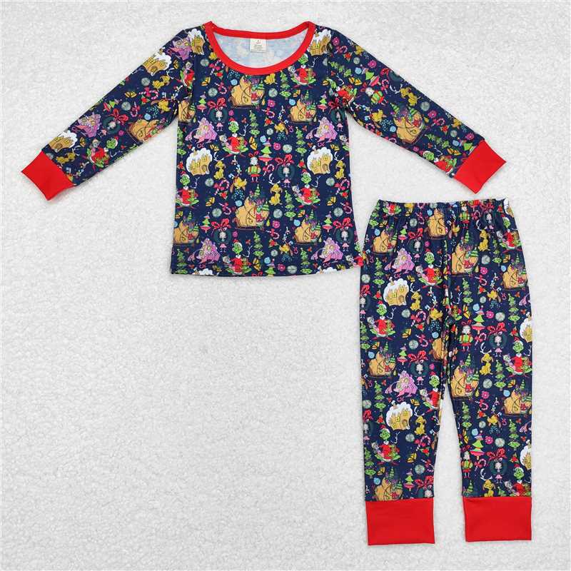 BLP0700Red green face Christmas tree gift candy cane kids pajamas