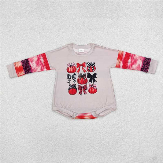 LR1724Leopard pink bow pumpkin baby girls fall romper