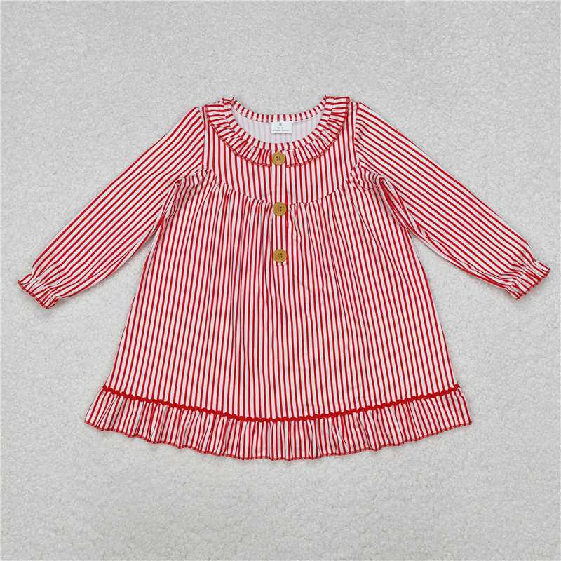 11.21 RTS NO MOQ （In stock）GLD0933 Baby Girls Christmas Red Stripes Buttons Ruffle Gowns Dresses