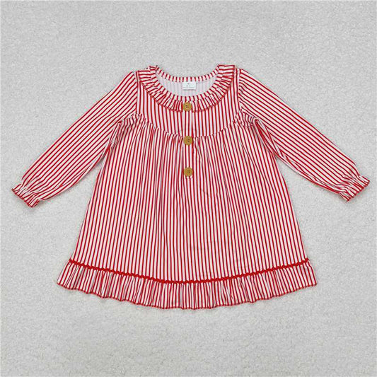 12.4 RTS NO MOQ （In stock）Matching Christmas GLD0933 Baby Girls Christmas Red Stripes Buttons Ruffle Gowns Dresses