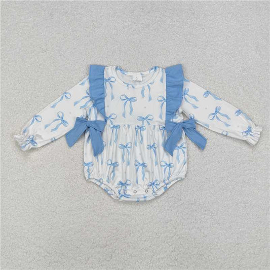 12.10 RTS NO MOQ （In stock）Matching LR2043 Baby Infant Girls Blue Bows Long Sleeve Rompers