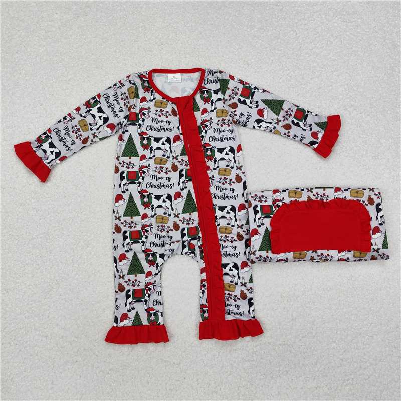 12.4 RTS NO MOQ （In stock）Matching Christmas LR1074 Baby Infant Girls Christmas Cows Ruffle Zipper Footie Rompers