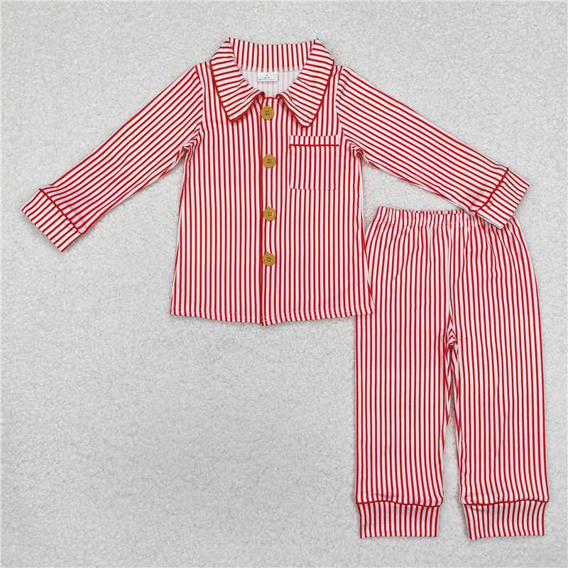 12.4 RTS NO MOQ （In stock）Matching Christmas BLP0980 Baby Boys Red Stripes Buttons Shirts Pants Pajamas Clothes Sets