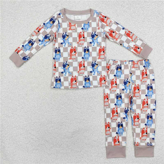12.30 RTS NO MOQ （In stock）Matching BLP0957 Baby Kids Dog Checkered Shirt Pants Pajamas Clothes Sets