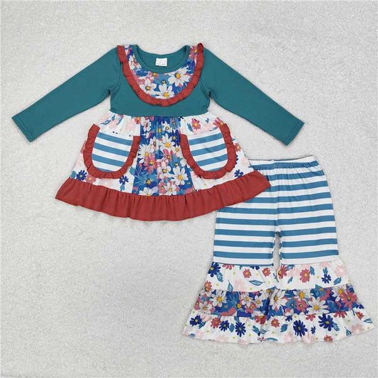 GLP1764Long sleeves floral patchwork pocket girls fall clothes