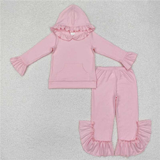 12.22 RTS NO MOQ （In stock）Matching GLP2059 Baby Girls Pink Hooded Ruffle Top Bell Pants Clothes Sets