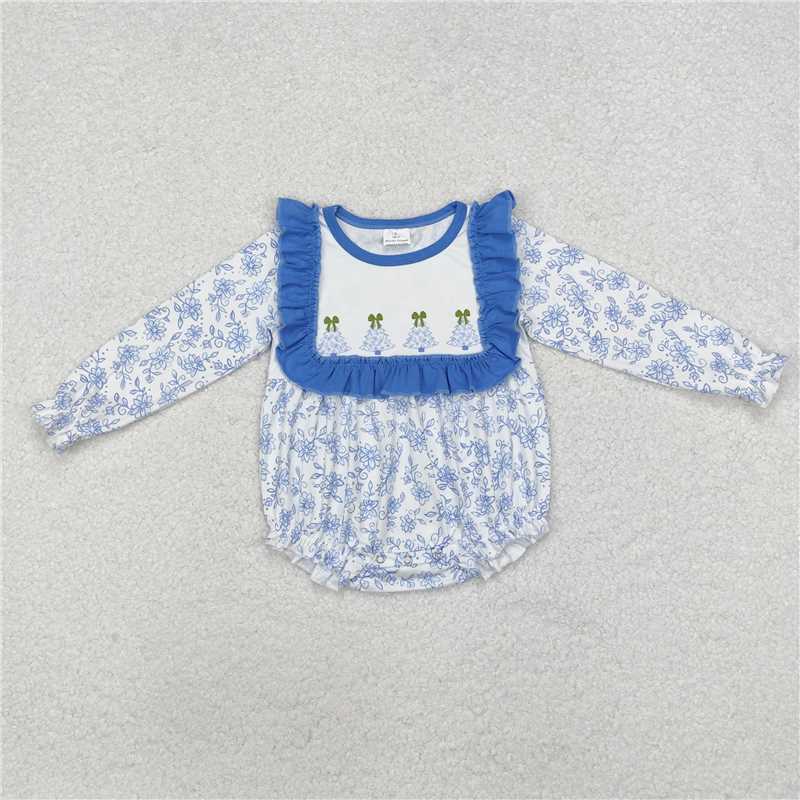 11.29 RTS NO MOQ （In stock）LR1374 Baby Infant Girls Blue Flowers Christmas Trees Rompers
