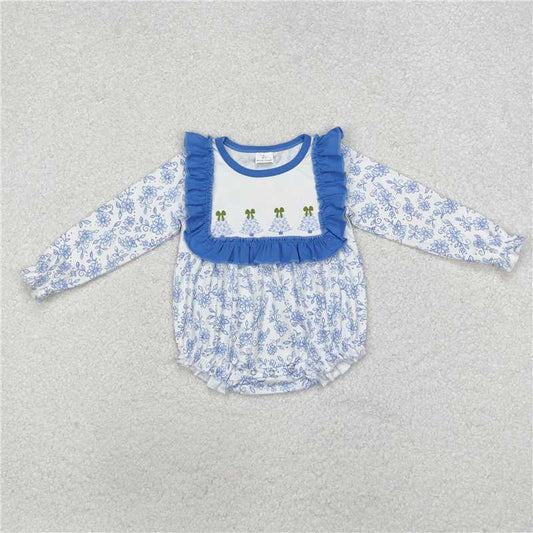 11.29 RTS NO MOQ （In stock）LR1374 Baby Infant Girls Blue Flowers Christmas Trees Rompers