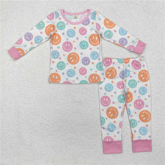GLP1694Pink long sleeves colorful smile kids girls pajamas