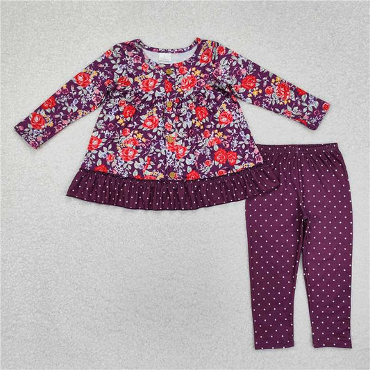 GLP1850Floral button ruffle tunic polka dots leggings girls clothes