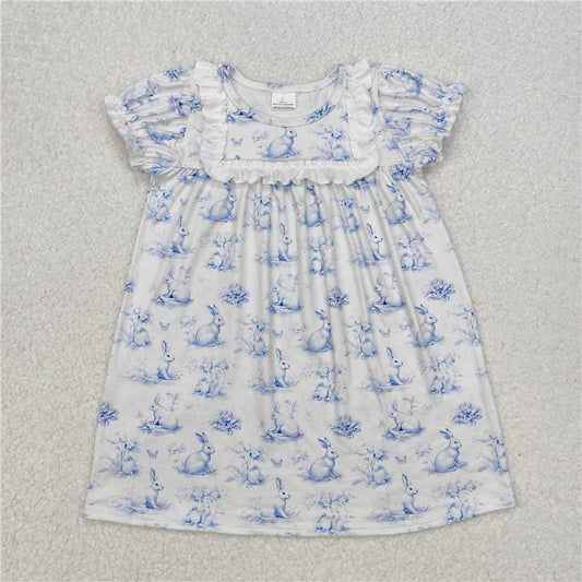 12.23 RTS NO MOQ （In stock）GSD1531 Baby Girls Easter Blue Rabbit Butterfly Knee Length Dresses