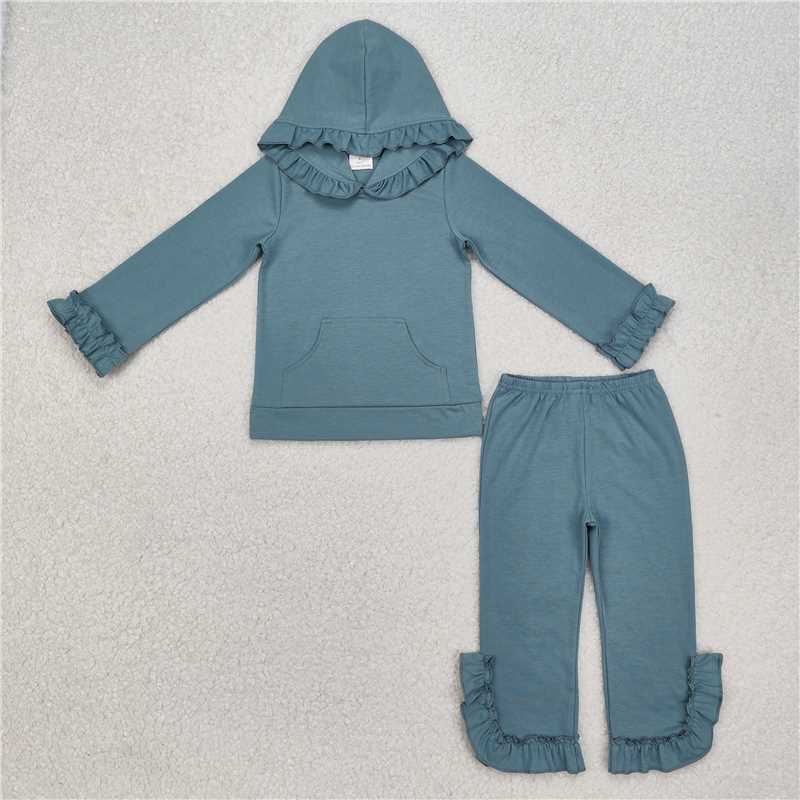 12.22 RTS NO MOQ （In stock）Matching GLP2250 Baby Girls Blue Ruffle Hooded Top Pants Clothes Sets
