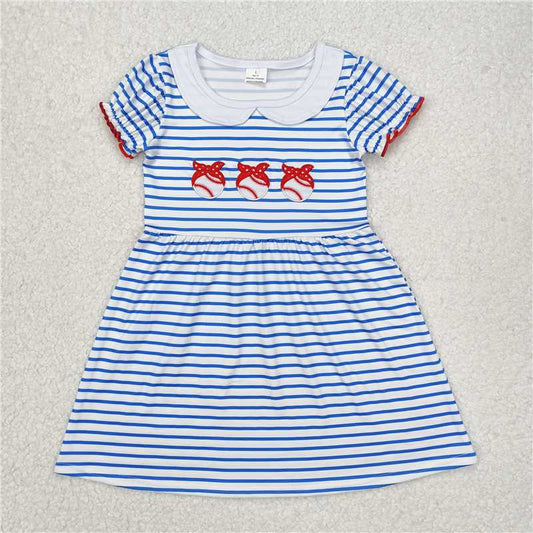 GSD1436  Baby Girls Blue Stripes Baseball Bows Knee Length Dresses