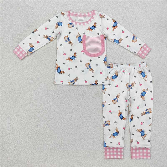 GLP2226Pink plaid pocket rabbit baby girls Easter pajamas