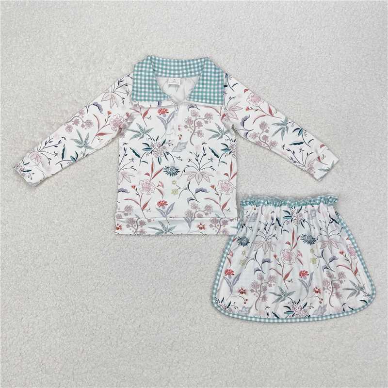 GLD0973Long sleeves floral pullover skirt kids girls clothing set