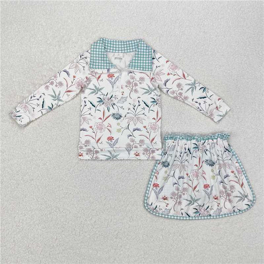 GLD0973Long sleeves floral pullover skirt kids girls clothing set