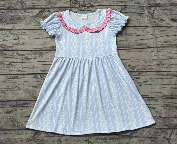 GSD1499  Baby Girls Blue White Ruffle Knee Length Dresses Preorder