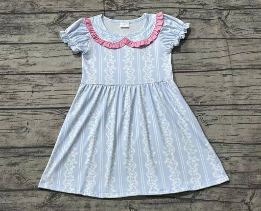 GSD1499  Baby Girls Blue White Ruffle Knee Length Dresses Preorder