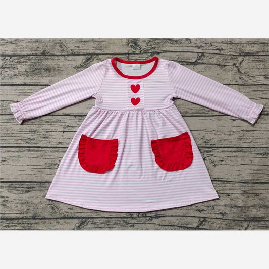 GLD0853  Baby Girls Pink Stripes Heart Pockets Knee Length Dresses Preorder