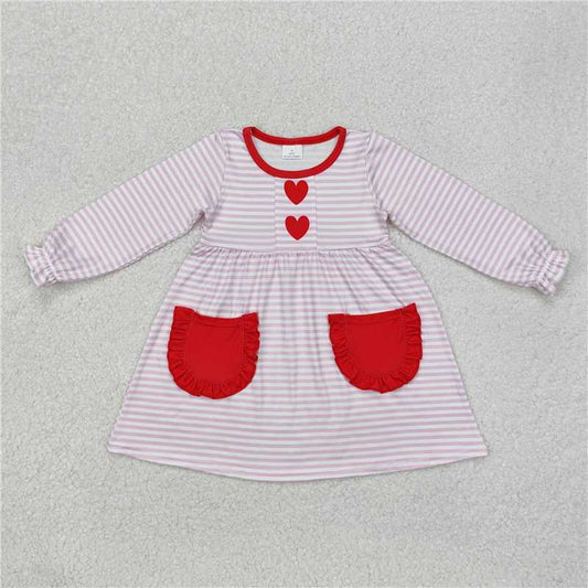 12.4 RTS NO MOQ （In stock）Matching GLD0853 Baby Girls Pink Stripes Heart Pockets Knee Length Dresses