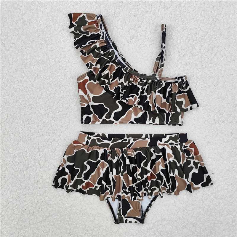 S0481 RTS NO MOQ Baby Girls Summer Swimsuits  Baby Girls 2pcs Duck Browm Camo Ruffle Summer Swimsuits