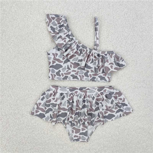 USA Warehouse (IN STOCK) S0457 Grey camo ruffle kids girls two pieces swimsuits
