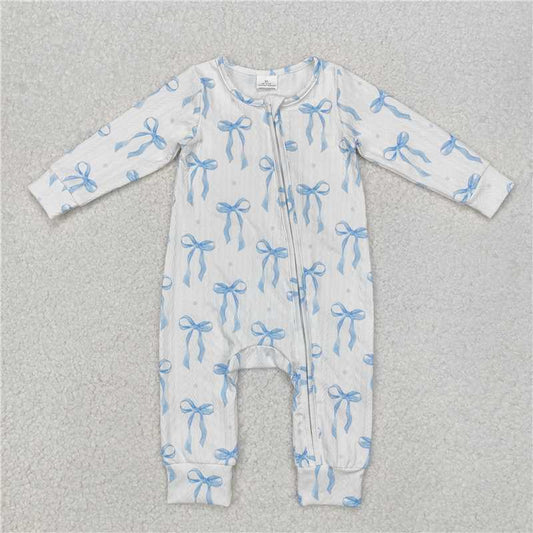 11.26 RTS NO MOQ （In stock）Matching LR2070 Baby Infant Girls Blue Bows Cable Knit Zip Rompers