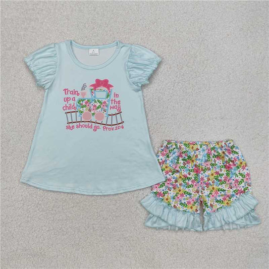 GSSO1643 RTS NO MOQ Baby Girls Summer Outfits  Short sleeves floral train top ruffle shorts girls clothes