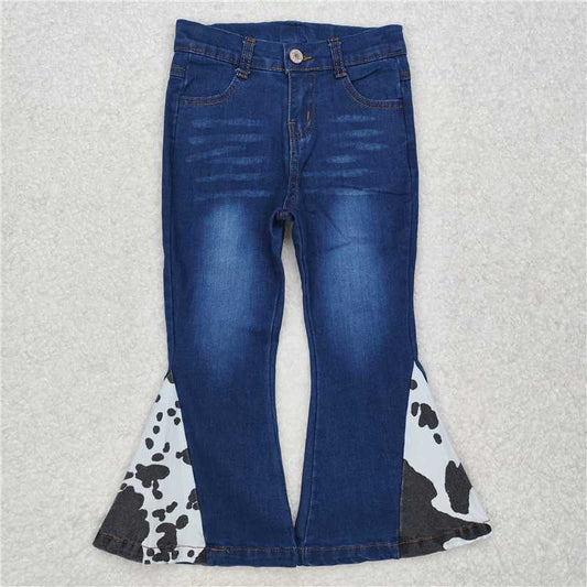 P0304Black cow print bell bottom pants baby girls jeans